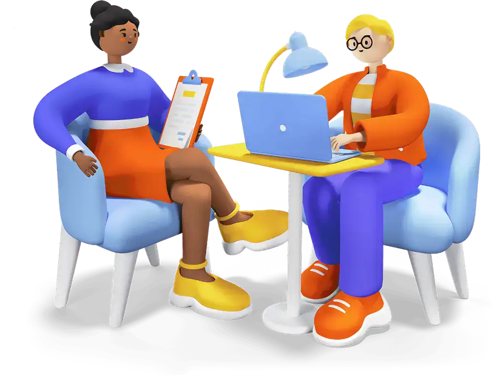 Two students in conversation — one reviewing a clipboard, the other working on a laptop — symbolizing career guidance and CV support.